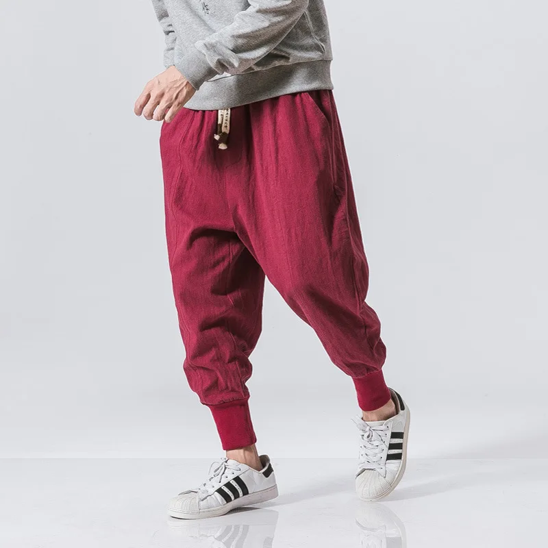 Retro Cotton Linen Harem Pants Men Solid Elastic Waist Streetwear Joggers 2023 New Baggy Drop-crotch Pants Casual Trousers Men