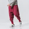 Retro Cotton Linen Harem Pants Men Solid Elastic Waist Streetwear Joggers 2022 New Baggy Drop-crotch Pants Casual Trousers Men