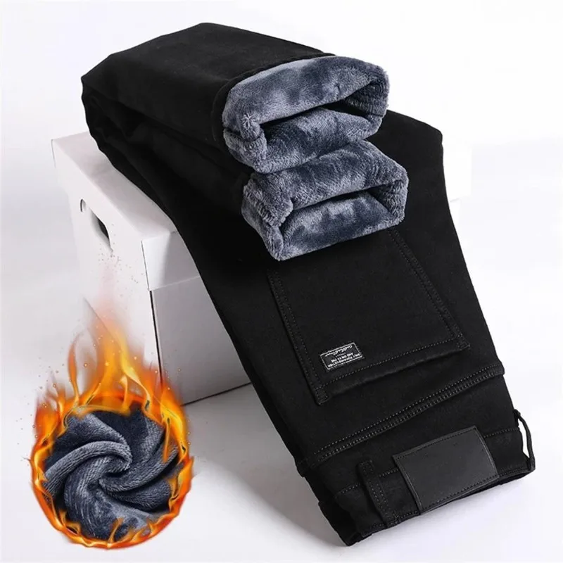 men winter fleece warm jeans quality famous brand business fleece pants straight denim trousers autumn casual stretch slim jeans Autumn Winter Men's Fleece Warm Jeans Fashion Thicken Velvet Slim Fit Business Casual Classic Black Elastic Cotton Denim Pants