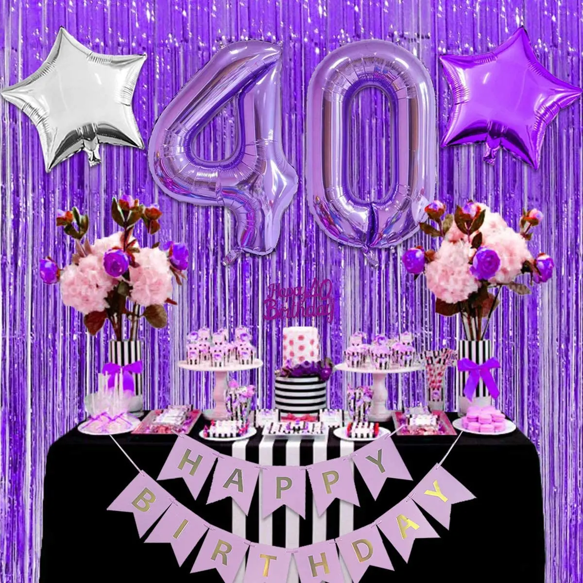 Decoraciones de fiesta de 40 cumpleaños para mujer, globo morado con número  40, pastel de adorno