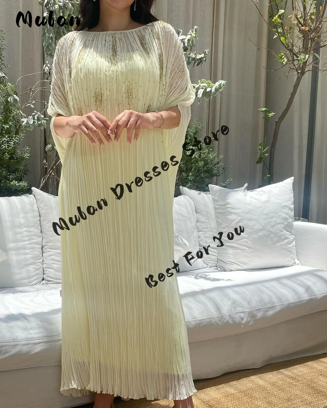 Pleated Loose 2-piece Beaded Prom Dresses Saudi Arabia Noble Party Gown Half Sleeves Formal Occasion Dress Evening Gown