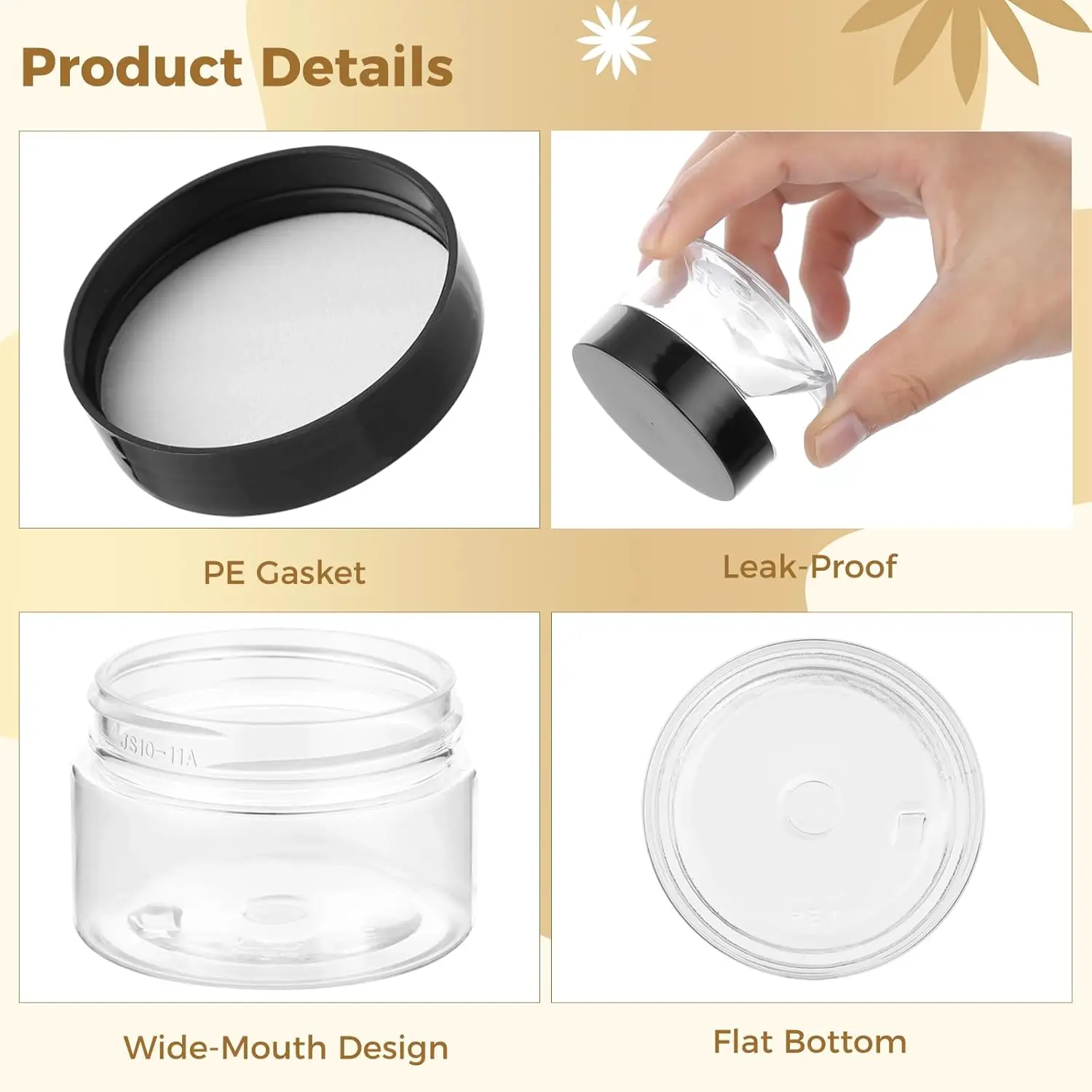 50PCS 10g 20g Empty Refillable Clear Plastic Jars with Lids for Cream Ointments Makeup Eye Shadow Rhinestone Cosmetic Storage