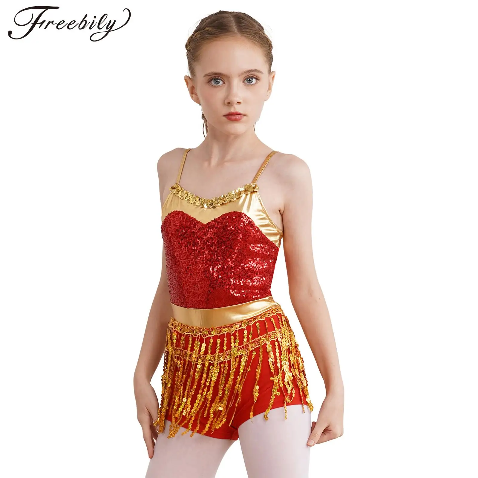 Kids Girls Sequins Leotard Fringes Bodysuit Latin Jazz Dance