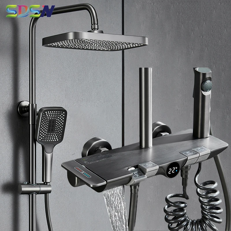 Piano Digital Shower System Hot Cold Waterfall Mixer Tap Brass Bathroom