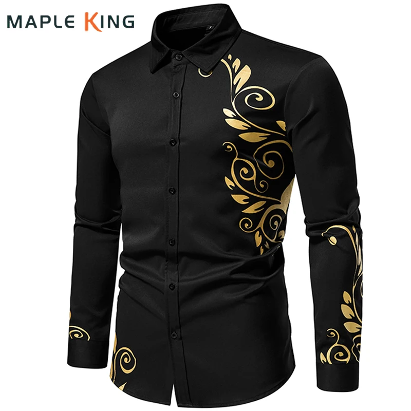 Camisa Masculina Black Floral Shirt For Men Gold Bronzing Designer Long Sleeve Social Wedding