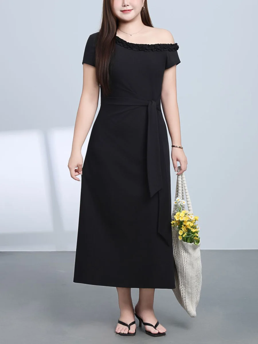Plus Size Women Casual Slim Off-the-shoulder Dress Premium Bandage Black Ruffled Oblique Shoulder Design Summer