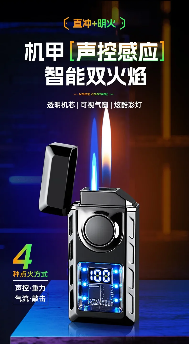 Description Picture 2 of itemCreative Voice Controlled Ignition Gas Lighter Color Light Battery Display Open Fire Switching Jet Fire USB Electric Lighters