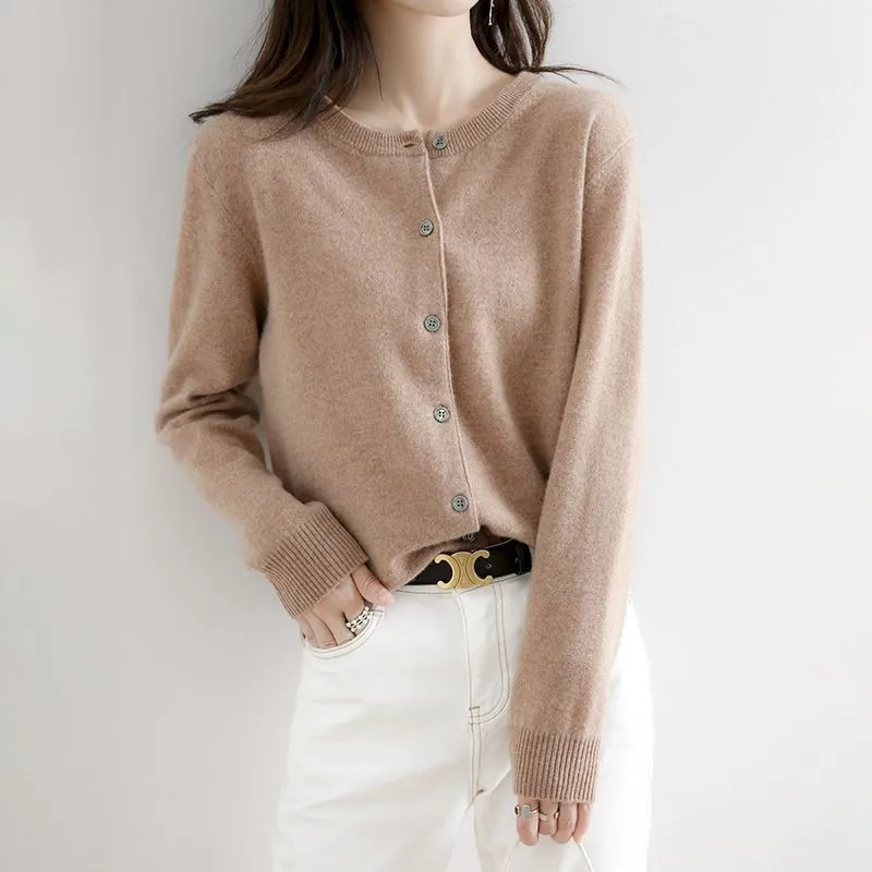 

Autumn Winter Women's Round Neck Solid Button Screw Thread Flocking Long Sleeve Cardigan Sweater Knitted Fashion Casual Tops