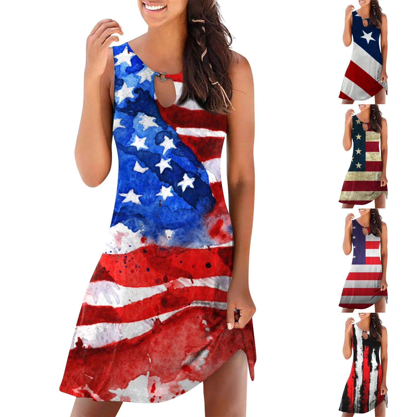 

Women'S Fashion Dress Midi Dress Sexy Deep V Neck Short Beach Dress Cut-Out Sleeveless Sundress Independence Day Printed Dress