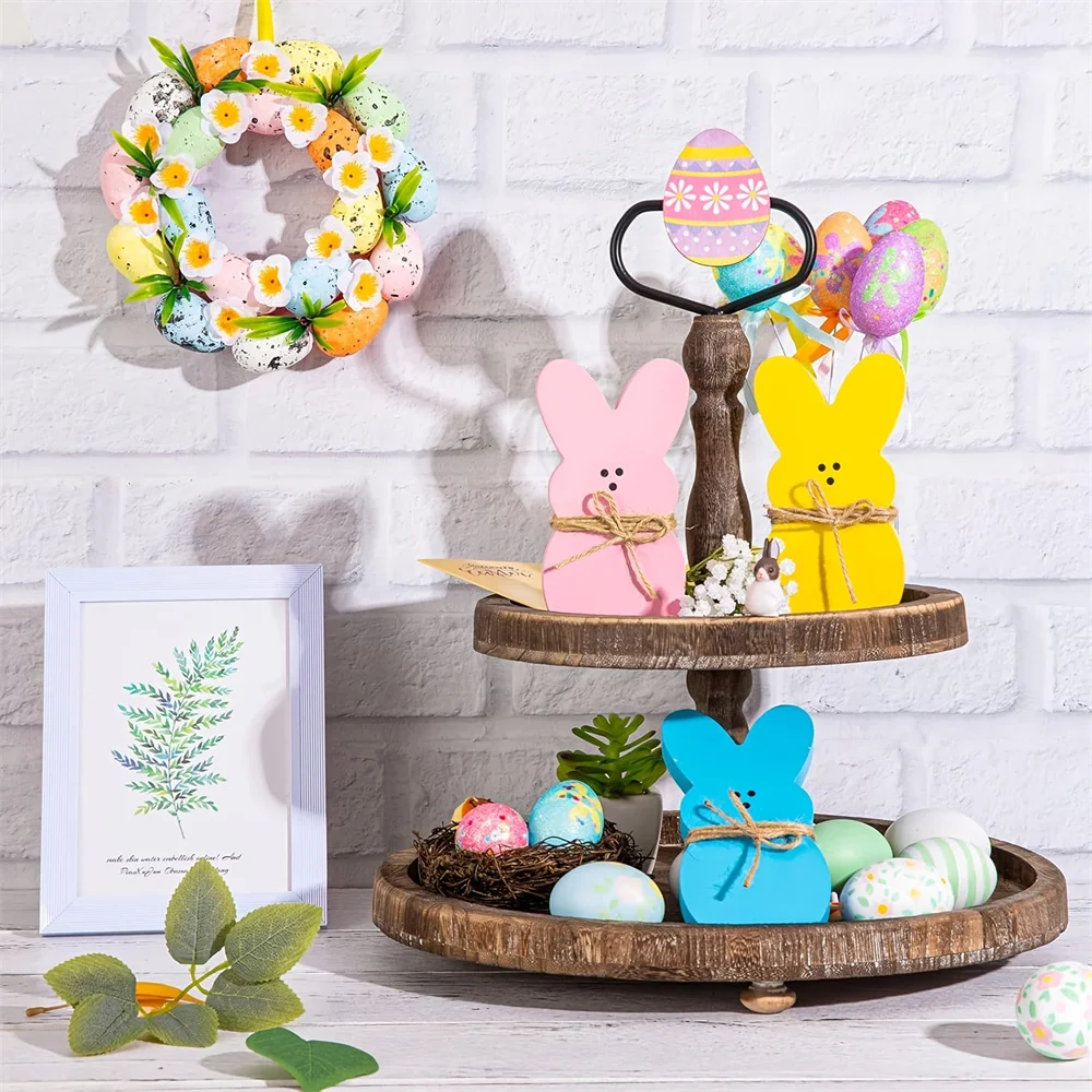 3Pcs Easter Wooden Sign Pink Blue Yellow Easter Bunny Wooden Table Centerpieces with Jute Rope Freestanding Rabbit Decoration