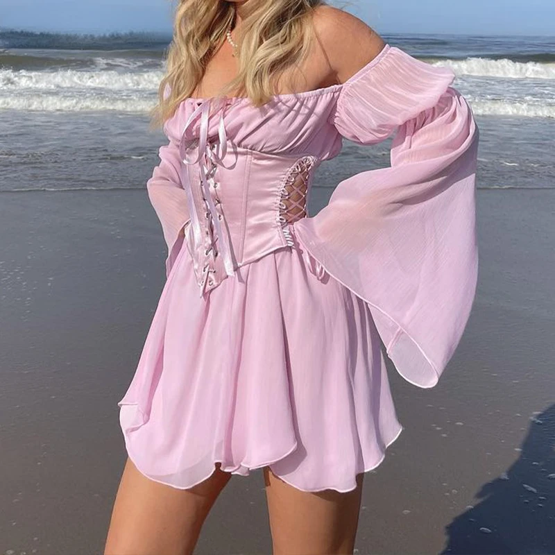 

Beach Style Vintage Chiffon Dress With Corset Bandage Hollow Out Bustier Prairie Chic Flare Sleeve Dresses 2 Pieces Set vestido