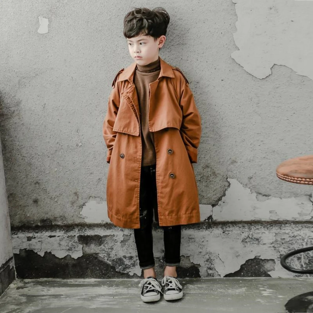 Children Boys Spring Autumn Thin Double Breasted Jackets Solid Turn-down Collar Mid-Length Trench New Fashion Coats Korean boys trench coat