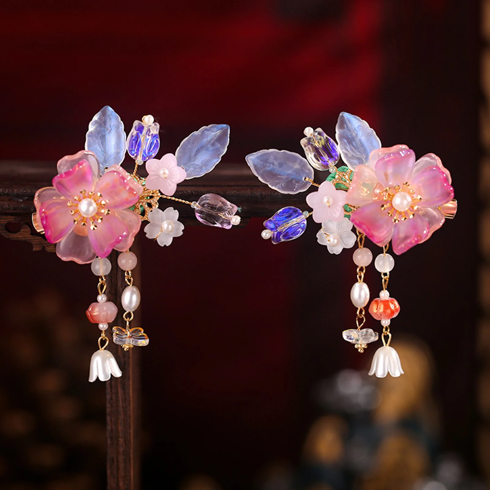 Retro Chinesischen Stil Rosa Blume Haarnadeln Seite Clips Perlen Anhänger Haar Pin Floral Kopfschmuck Frauen Mädchen Täglichen Haar Schmuck