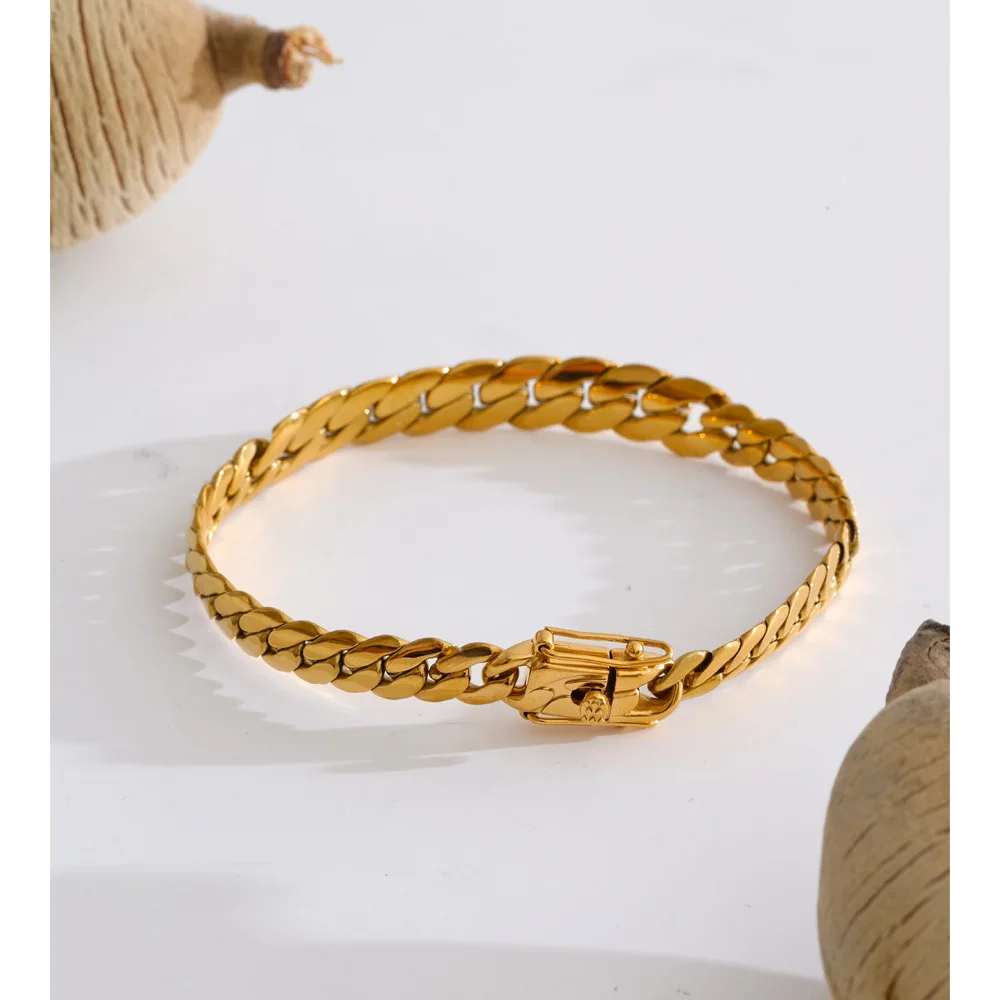 Yhpup Stainless Steel Cuban Chain Bracelet Bangle 18K Golden PVD Plated Waterproof Exclusive Style Personalized Jewelry Polished 2