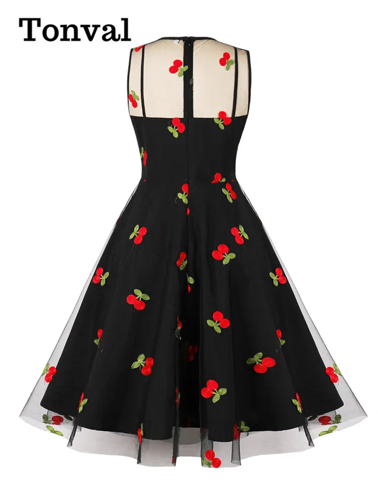 Tonval Cherry Embroidered Mesh Black Dresses for Women Bow Neck Keyhole  Sleeveless Prom Party Elegant Dresses Vintage 2024 - AliExpress 200000345