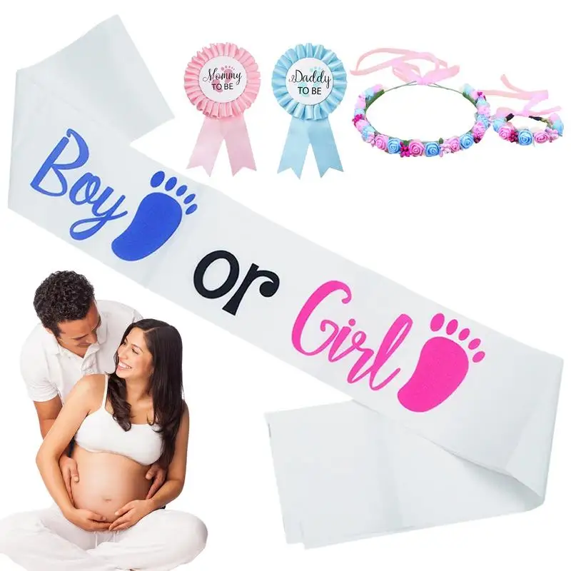 Gender Reveal Sash 5pcs Boy or Girl Baby Shower Party Decoration Mommy To Be-Dadddy-To Be Badge Tinplate Badge Pin Sash Kit
