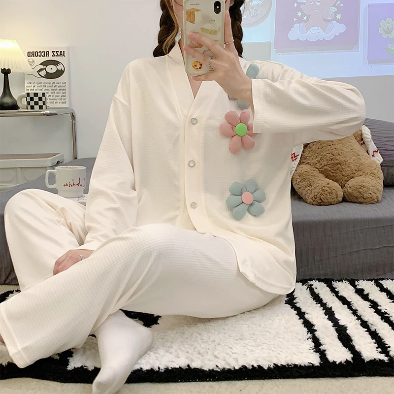 Spring double long cardigan V-neck pajamas women's cotton like long sleeved Korean casual sweet lovely girls' home clothes