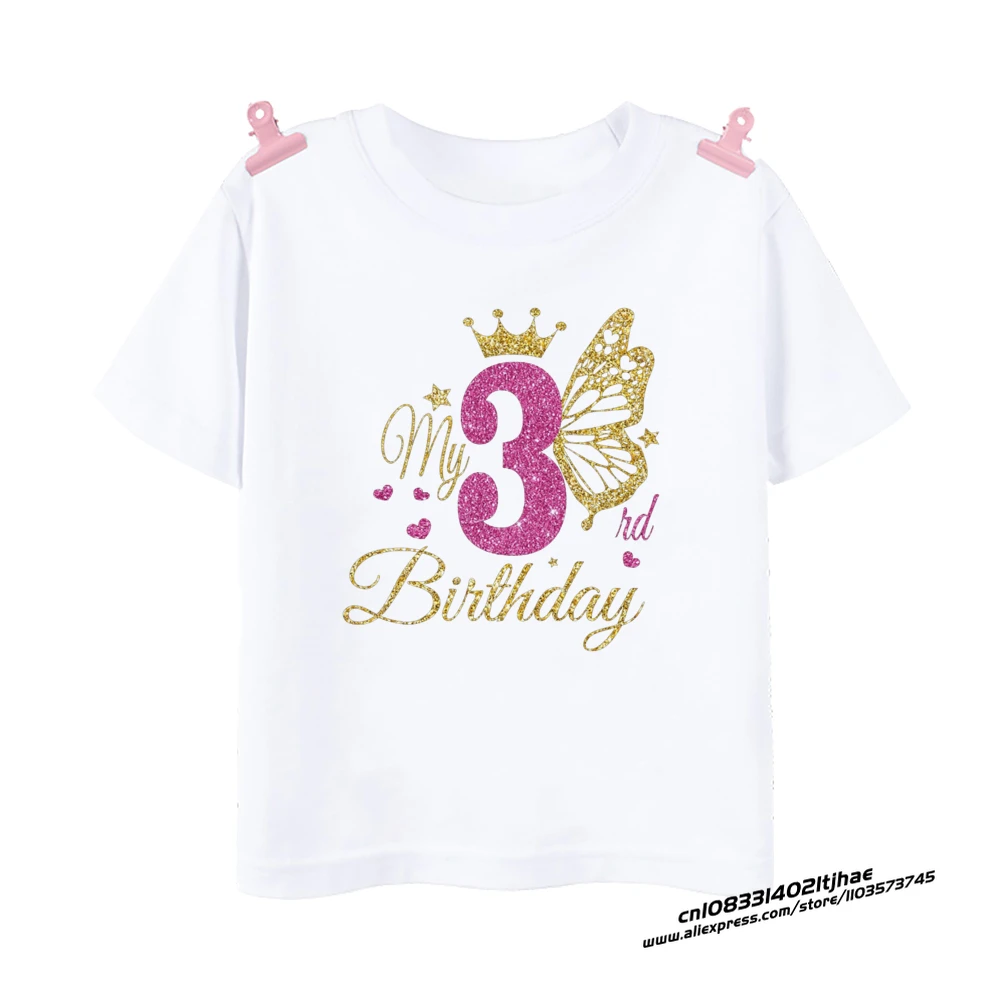 Girls Birthday Shirt 1-12 Birthday T-Shirt Wild Tee Girls Party T Shirt Butterfly Printed Clothes Kids Gifts Fashion Tops Tshirt 5