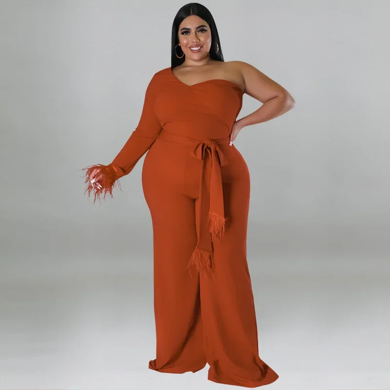 

WUHE Vintage Feather Hem One Sleeve Skew Neck with Sashes High Waist Jumpsuit Plus Size Women Curve Female Straight Romper