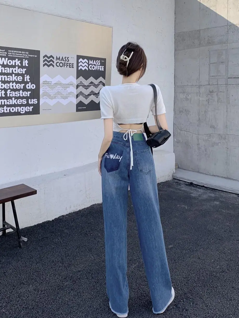 Letter Embroidery Women Jeans Blue Cotton Large Hem Straight Legs Wrinkel Wash Women Denim Trousers