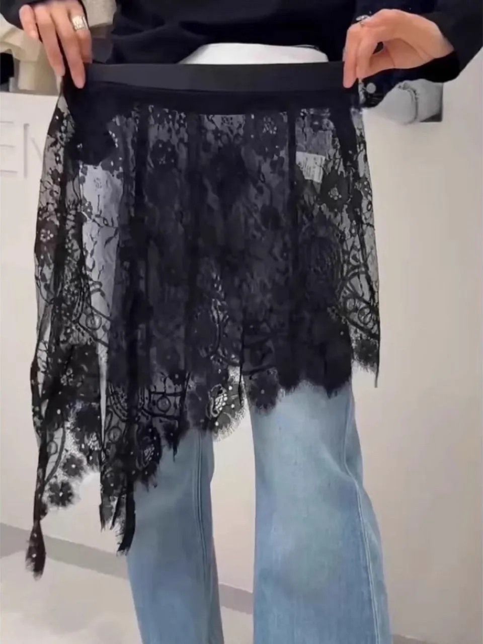 Faionable Asymmetric Lace Curtain Skirt Women's High Waist A-Line ort Skirt Layered Wear Summer New Arrival Korean Sle