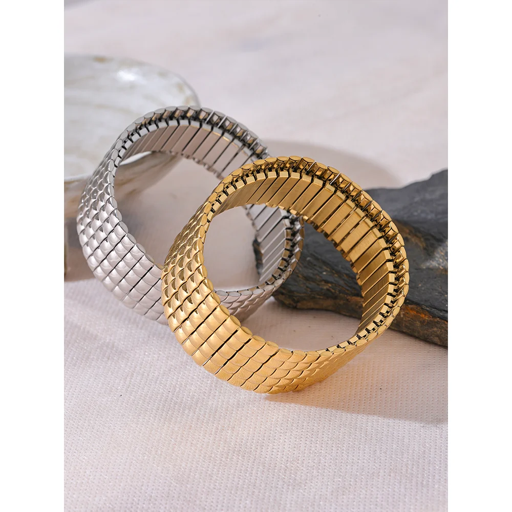 Yhpup 30mm 트렌디 한 스테인레스 스틸 탄성 금속 와이드 팔찌 팔찌 골드 실버 색상 18K PVD 도금 고품질 보석