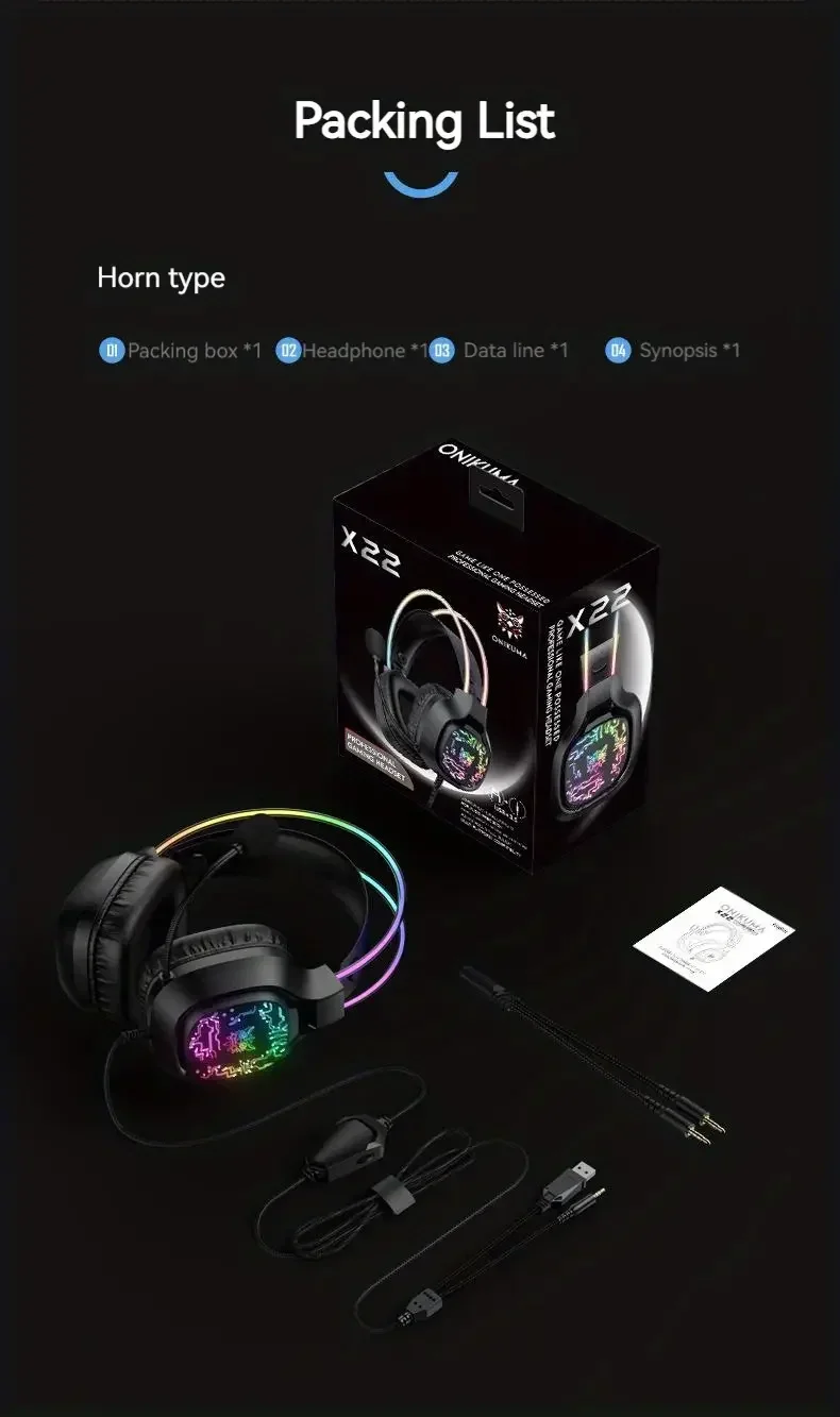 게이밍 헤드셋 RGB 다이나믹 조명 유선 컴퓨터 헤드폰, E-스포츠 게임 7.1 채널 유선 헤드셋, 마이크 헤드 포함, X22