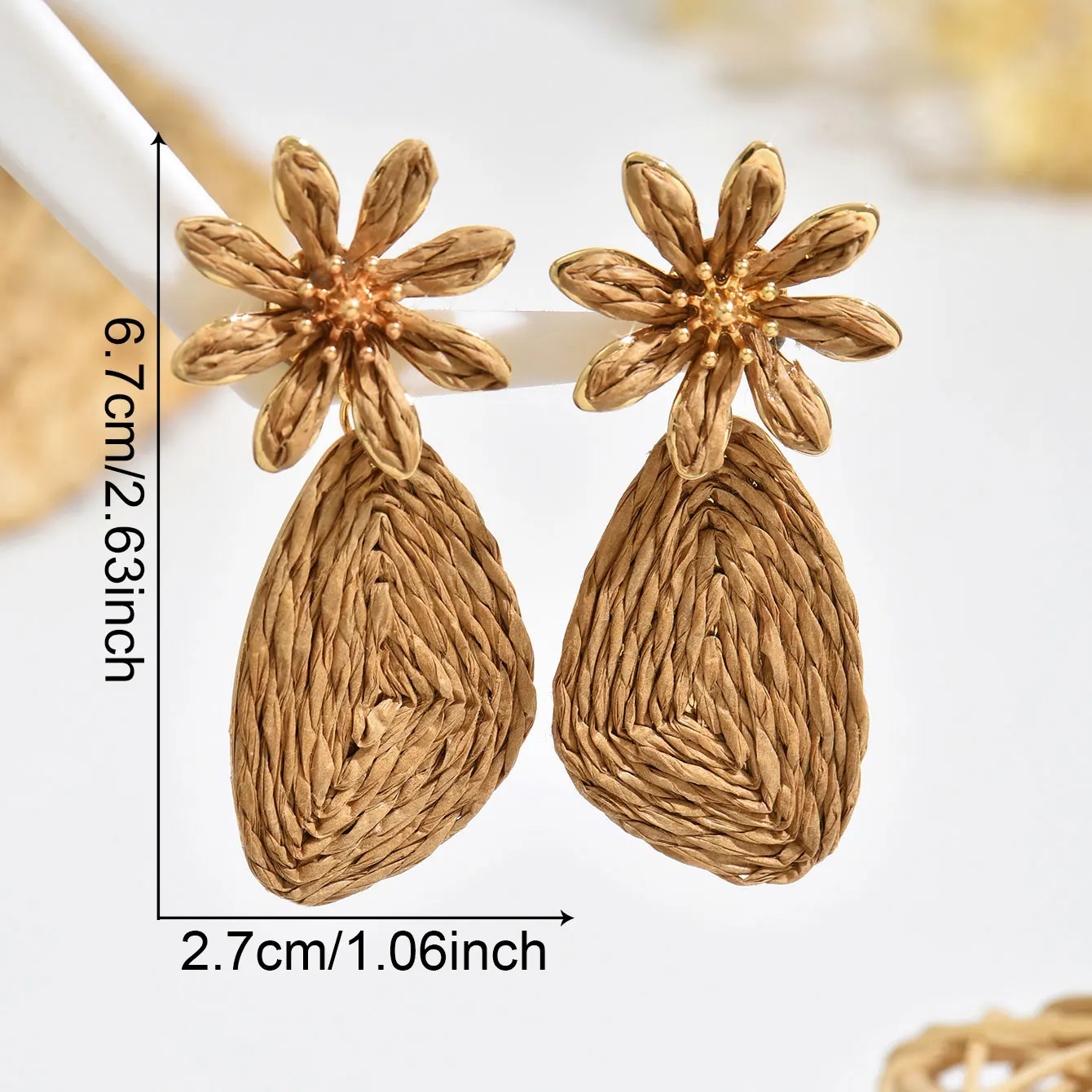 Bohemian Stylish Daisy Flower Geometric Raffia Rattan Knit Earrings for Women Summer Beach Elegant Earrings Handmade Jewelry