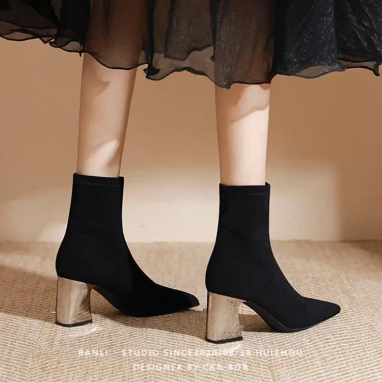 2025 New Solid Flock Ankle Boots Women Shoes Woman Pointed Toe Stretchy Square High Heels Black Fashion Sock Short Boots