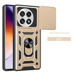 Enhanced Armor Camera Lens Slide Case with Car Magnetic Ring Holder for Oneplus 13 5G (Sj-gold)