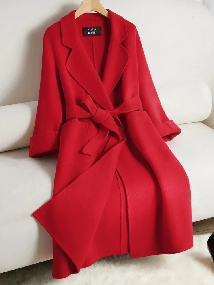 Abrigo de Cachemira naranja de doble cara para mujer, abrigo largo