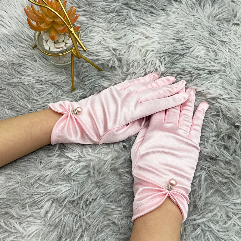 Women Wedding Dress Lace Gloves Satin Short Gloves Sunscreen Summer Anti-UV Elastic Thin Mittens Driving Full Finger Red White Black