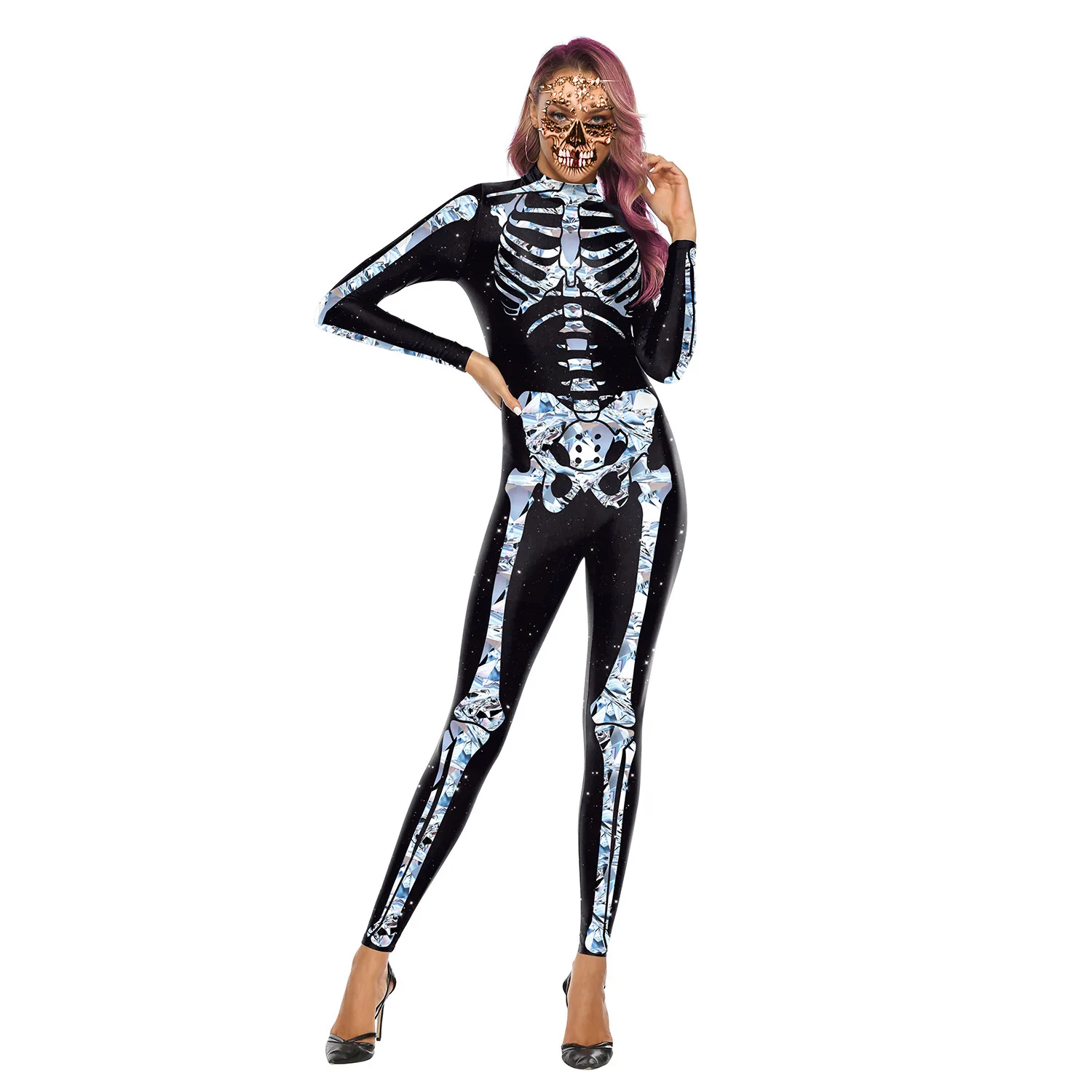 Carnival Party Scary Skeleton Rose Clown Jumpsuit Costume For Women Funny 3D Printed Romper Cosplay Halloween Outfit