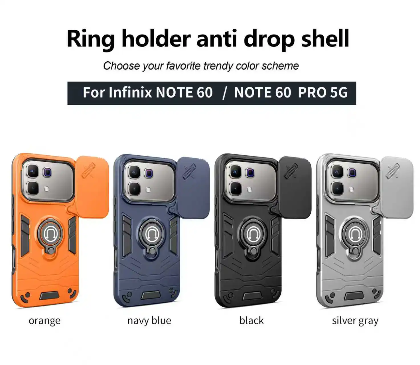 Rugged Armor Shockproof Phone Case with Sliding Window and Metal Ring Holder
