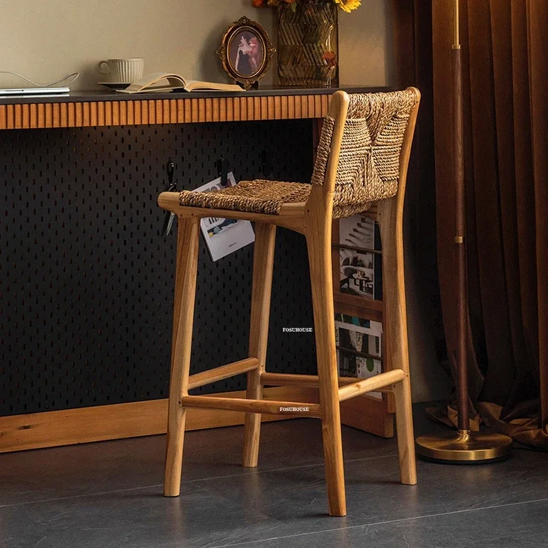 Home Rattan Solid Wood Bar Chairs Nordic Kitchen Island Dining Chair High Stool Designer Retro Back Stool European Bar Furniture