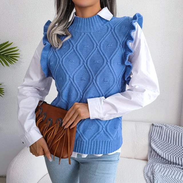 upgrade your wardrobe with the Women Casual Ruffles Sleeveless Pullovers Knitted Sweater Vest Autumn Winter 2023 from LUSMAY