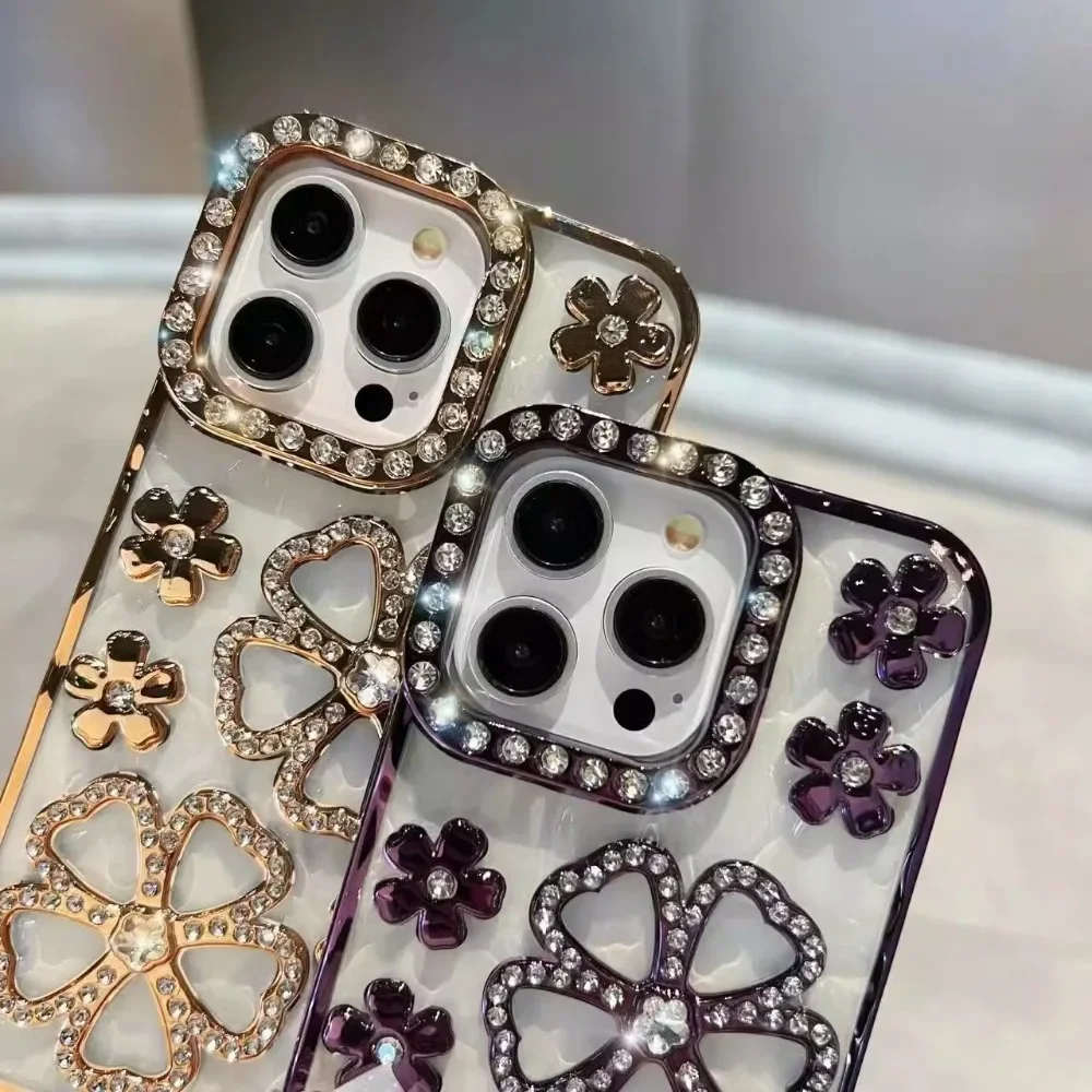 Iphone case Phone case Glitter Diamond Flower Plating Case for iPhone 16 15 14 Pro Max 12 13 11 X Xr Xs 7 8 Plus Bling Rhinestone Soft TPU Clear Cover