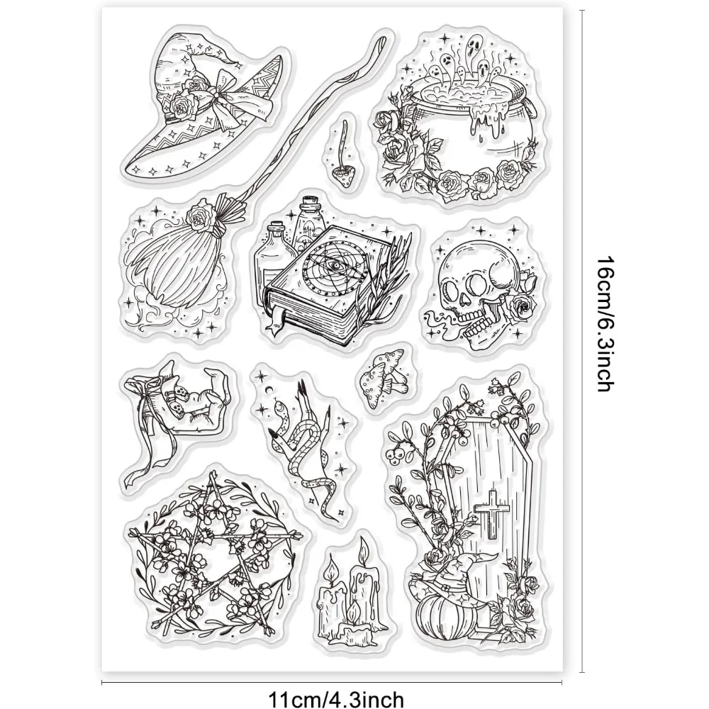 Clear Stamps for Cards Making 1PC Witch Props Magic Book Crystal Ball Skull Silicone Seals