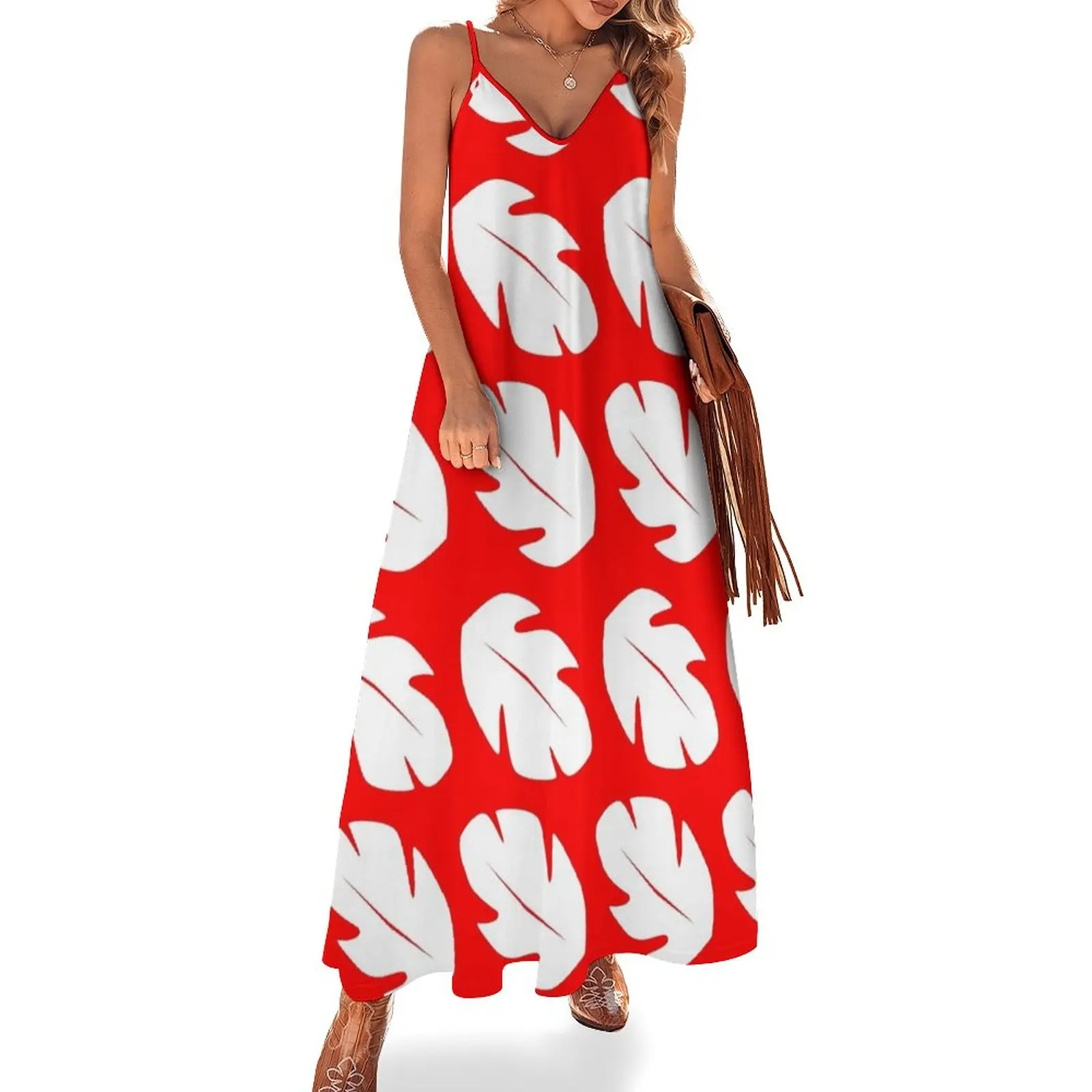 

Red & White Tropical Leaf Sleeveless Dress dress for women summer