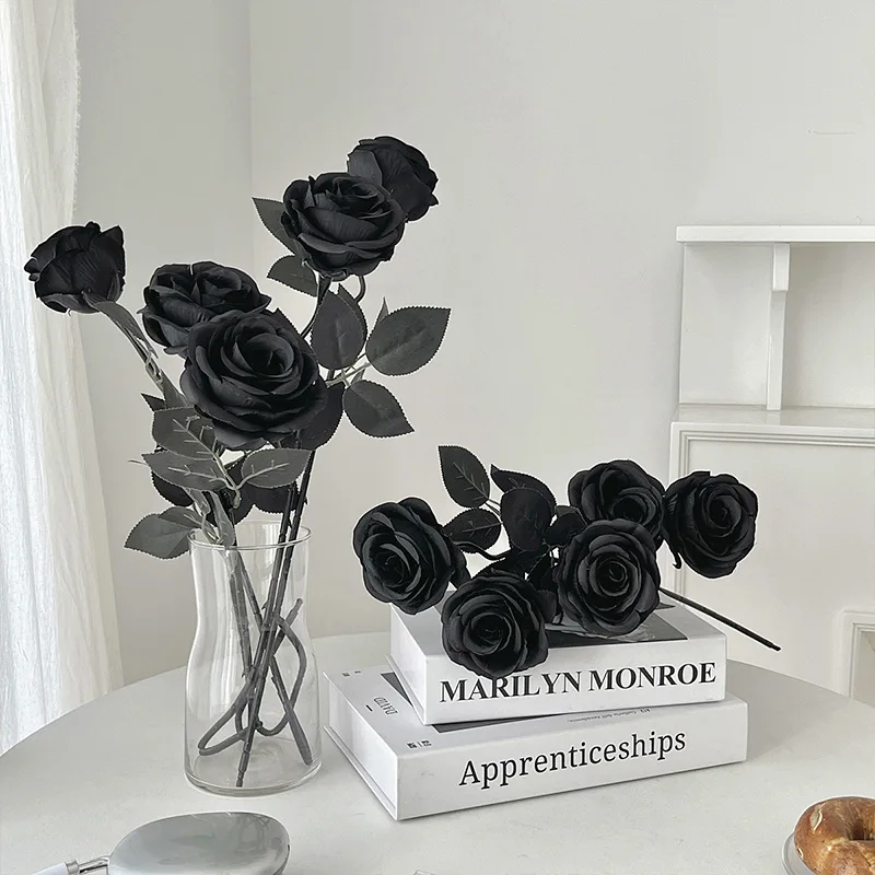 10 pezzi/set bouquet di rose nere artificiali simulazione domestica di Halloween rosa nera fiore finto matrimonio par  15