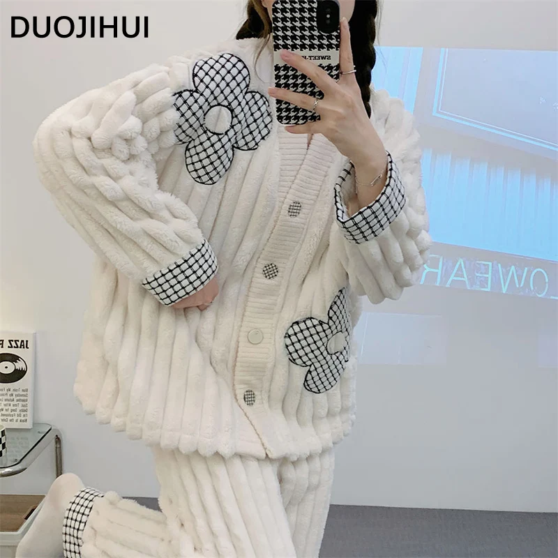 DUOJIHUI Sweet Floral Print Basic Soft Female Sleepwear Sets Winter Button Cardigan Loose Casual Pant Fashion Pajamas for Women
