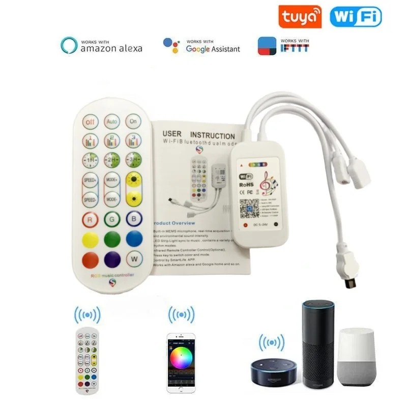 Tuya Wifi Smart Life Led Rgb Music Controller Dc5-24V Con Telecomando A 24 Tasti Per Alexa Google Controller Smart Light A 2 Porte A 4Pin