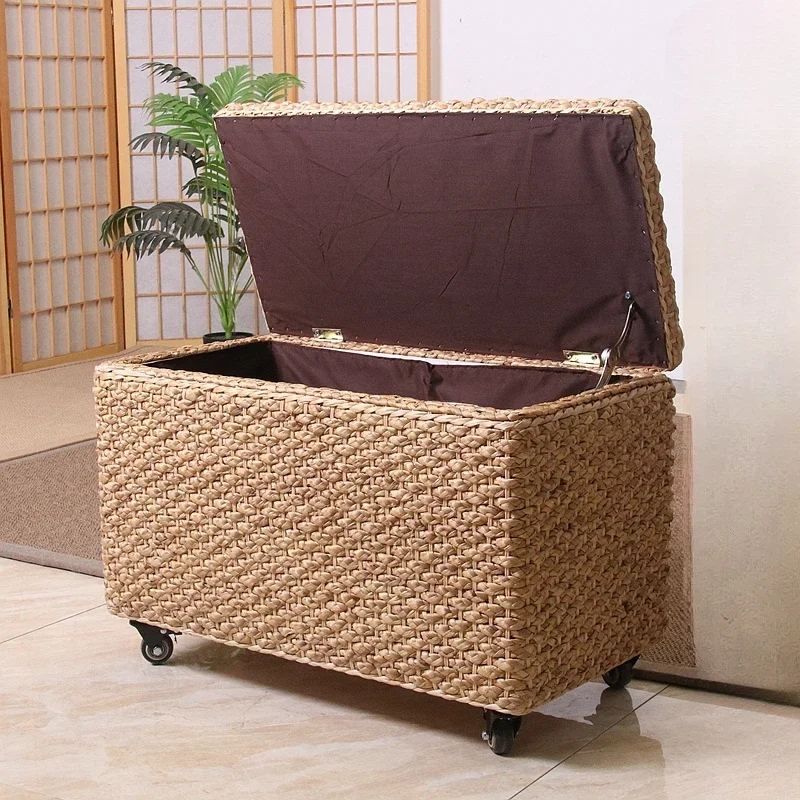 Multifunctional Rattan Woven Storage Box Large Capacity Flip Cover Clothing Case Shoe Changing Stool Convenient Pulley Step Seat 4