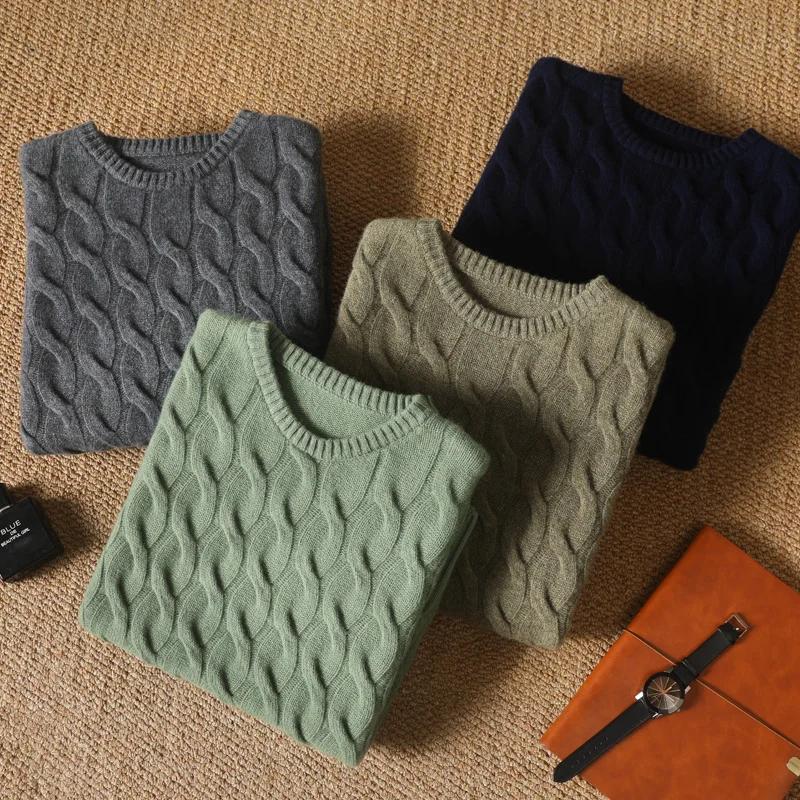 Autumn Winter Thickened Cashmere Sweater 100% Merino Wool Men's Top O-Neck Twisted Pullover Knitted Loose Long Sleeve Sweater 5