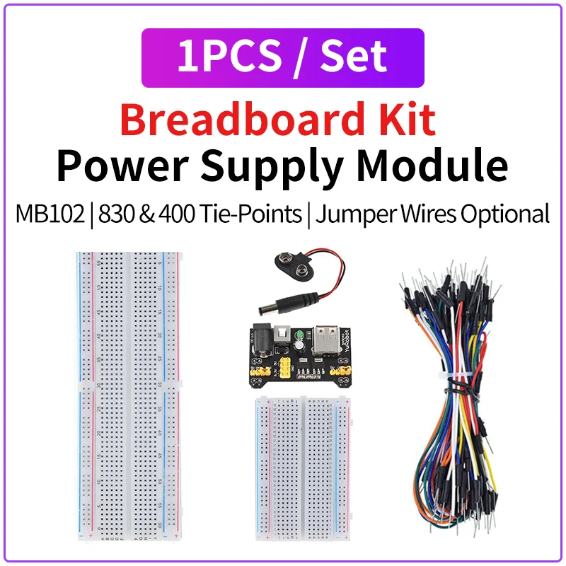 MB102 Breadboard Power Supply Module 830/400 Points Solderless Breadboard Kit 65 Flexible Jumper Wires 3.3V/5V