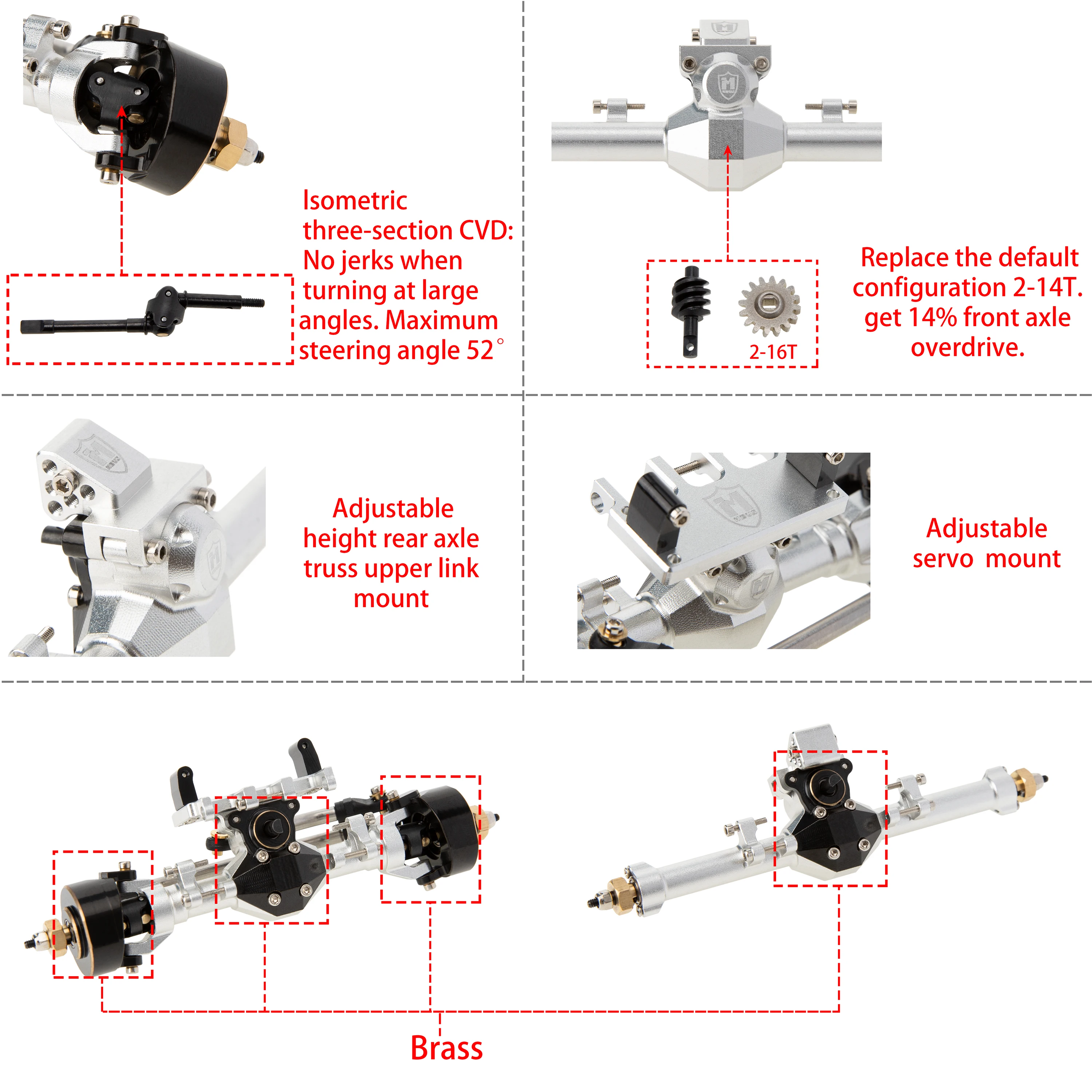 MEUS RACING FCX24 Axles Kit With 3-Section CVD - 52° Max Steering For FMS FCX24/FCX18 Upgrades