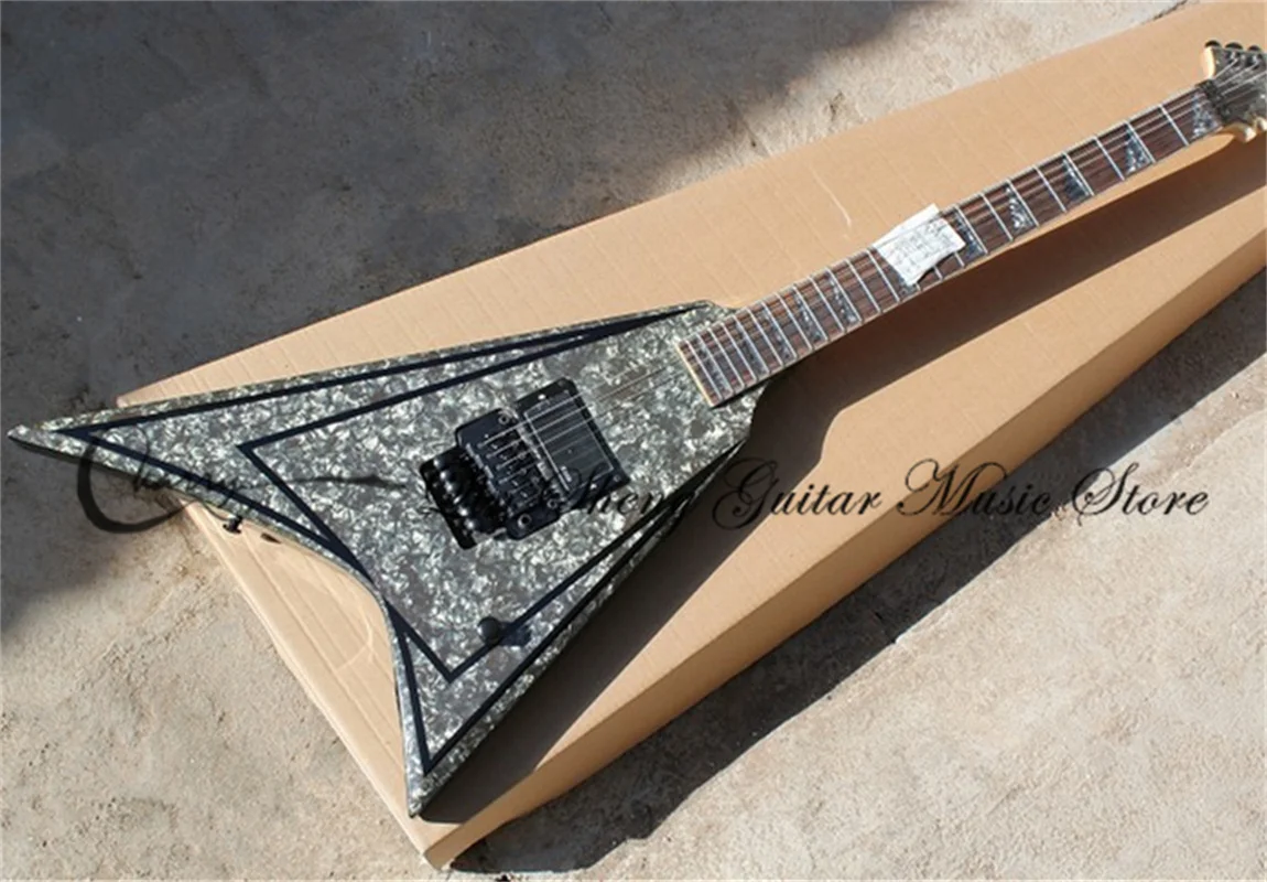 

Pre-customized Irregular Electric Guitar,Alien V shape Black guitar,Black Pearl Shell Veneer,Tremolo bridge