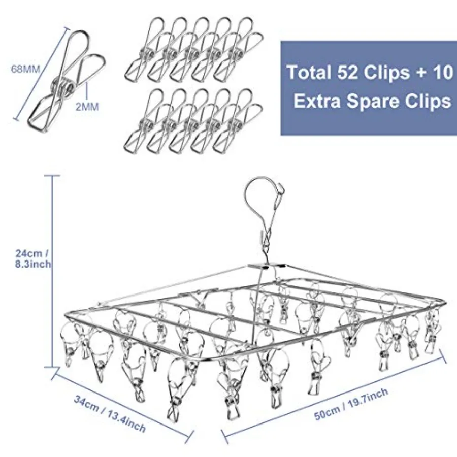 Folding Stainless Steel Laundry Drying Rack with 52 Clips for Home Use: Ideal for Drying Towels Bras Lingerie Socks Underwear a