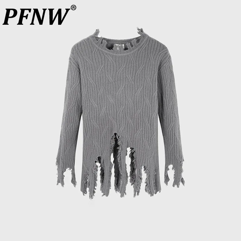 

PFNW Men's Punk Streetwear Hem Neckline Damaged Sweater Jacquard High Street Cat Beard Knitted Top Tide Chic Fashionable 12Z4816