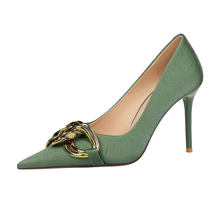 Women 7.5cm 9.5cm High Heels Escarpins Pumps Lady Metal Chain Low Heels Fetish Nightclub Slim Fit Party Green Office Prom Shoes